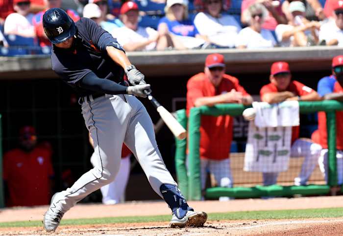 Mar 22, 2022; Clearwater, Florida, USA; Detroit Tigers first baseman Spencer Torkelson (20) hits a single in the second inning of the game against the Philadelphia Phillies during spring training at BayCare Ballpark. Mandatory Credit: Jonathan Dyer-USA TODAY Sports
